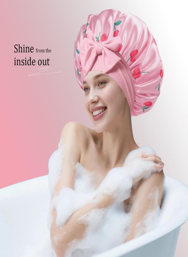 Confvrter Silk Bonnet for Sleeping Women Adjustable Double Layer Satin Bonnet, Night Cap for Curly & Textured Hair Prevents Breakage, Tangles & Thinning, Cherry Blossom Print - Image 2